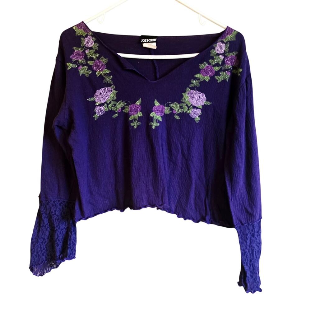 Joe Boxer floral embroidered crop y2k lace bell sleeve shirt size XL